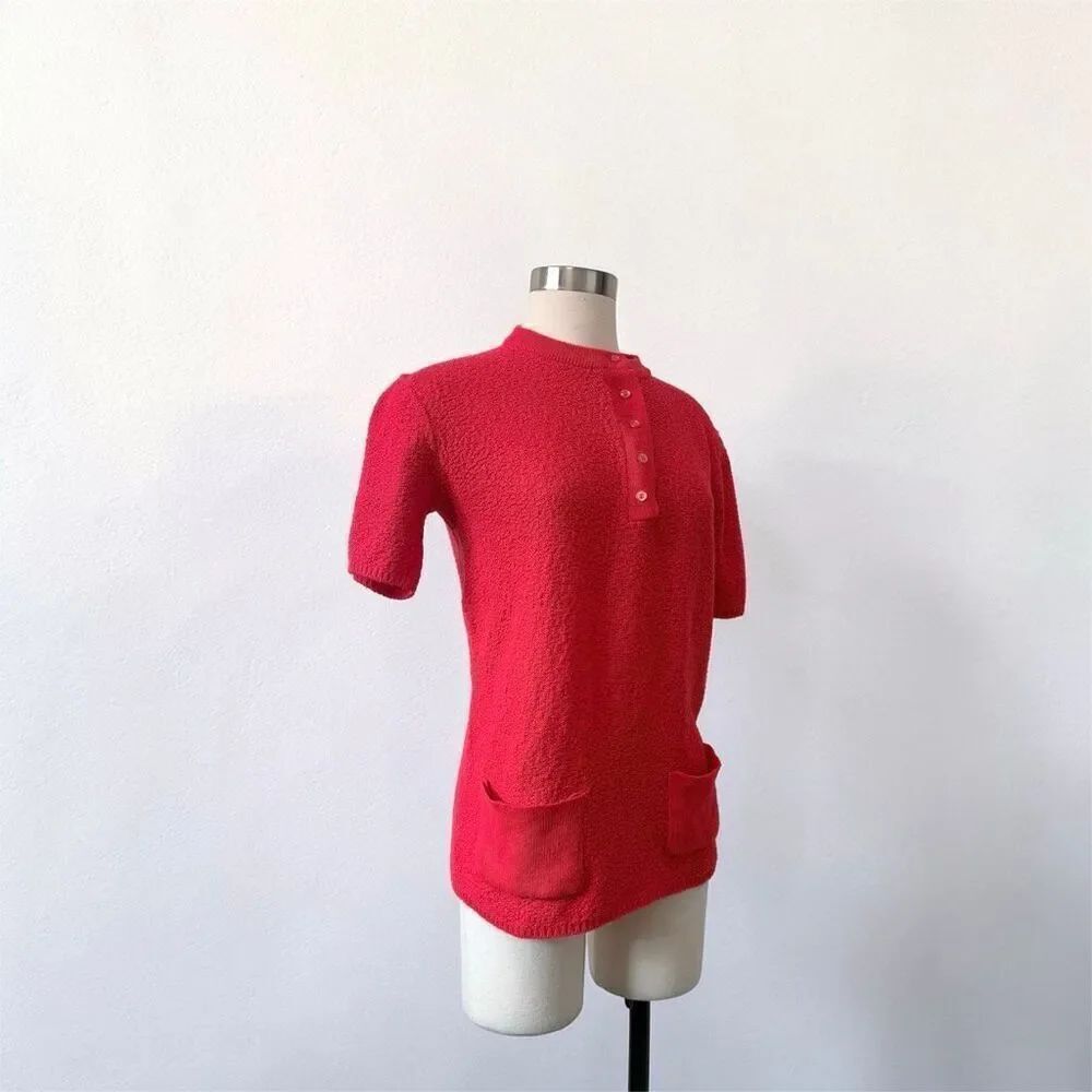 Vintage 70s Boucle Patch Pocket Short Sleeve Henley Medium Red
